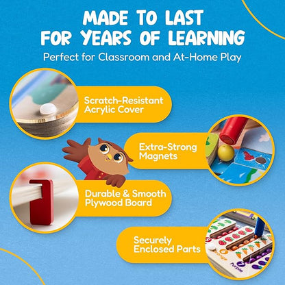 Owl Village Magnetic Montessori Busy Board for Kids Pinball Magnet Color and Counting Maze with Unique Moving Parts, 2 Pens & Activity Book, Heirloom-Quality Magnetic Puzzle for Toddlers 3-5 & Over