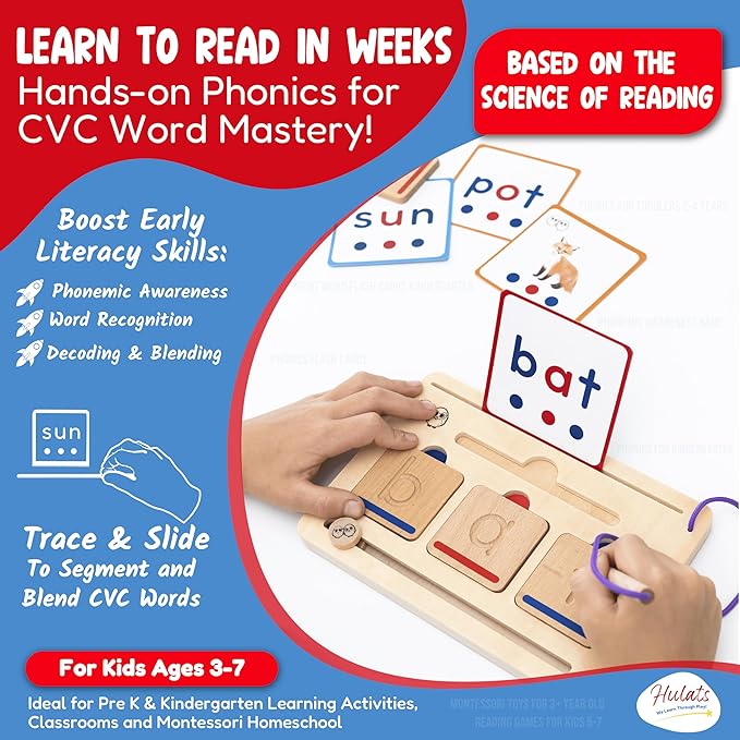 CVC Word Magic: Montessori Reading Game for Kindergarten Phonics Mastery, Learn to Read & Write 50 Sight Words for Toddlers 2-4 Years, Montessori Toy for 2+ Year Old, Letter Tracing Tiles, Flash Cards