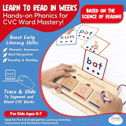CVC Word Magic: Montessori Reading Game for Kindergarten Phonics Mastery, Learn to Read & Write 50 Sight Words for Toddlers 2-4 Years, Montessori Toy for 2+ Year Old, Letter Tracing Tiles, Flash Cards