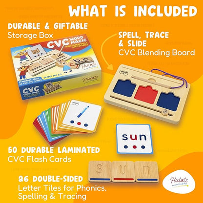 CVC Word Magic: Montessori Reading Game for Kindergarten Phonics Mastery, Learn to Read & Write 50 Sight Words for Toddlers 2-4 Years, Montessori Toy for 2+ Year Old, Letter Tracing Tiles, Flash Cards