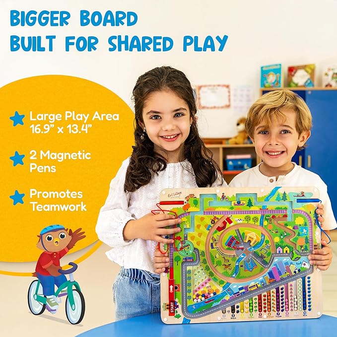 Owl Village Magnetic Montessori Busy Board for Kids Pinball Magnet Color and Counting Maze with Unique Moving Parts, 2 Pens & Activity Book, Heirloom-Quality Magnetic Puzzle for Toddlers 3-5 & Over