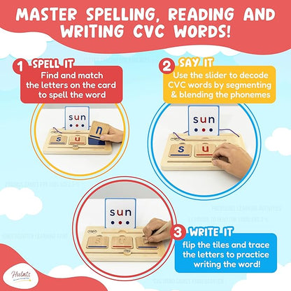 CVC Word Magic: Montessori Reading Game for Kindergarten Phonics Mastery, Learn to Read & Write 50 Sight Words for Toddlers 2-4 Years, Montessori Toy for 2+ Year Old, Letter Tracing Tiles, Flash Cards