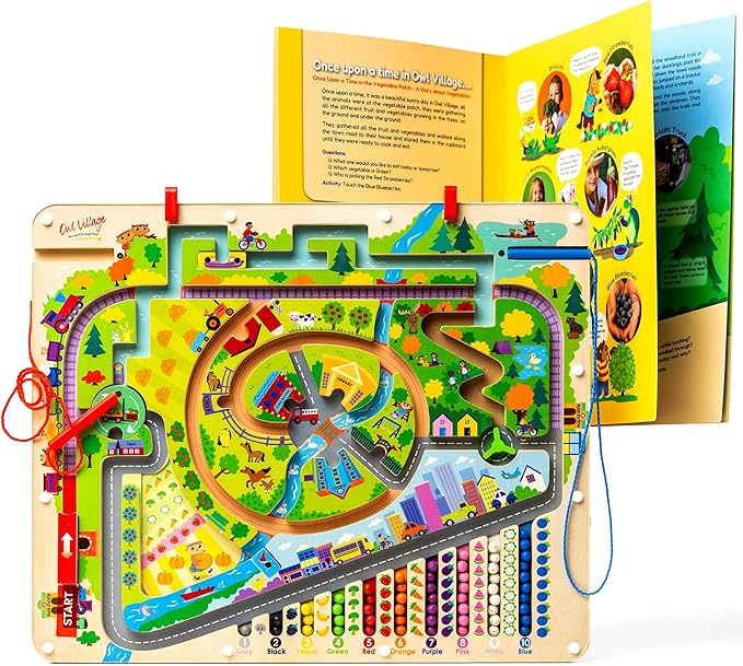 Owl Village Magnetic Montessori Busy Board for Kids Pinball Magnet Color and Counting Maze with Unique Moving Parts, 2 Pens & Activity Book, Heirloom-Quality Magnetic Puzzle for Toddlers 3-5 & Over