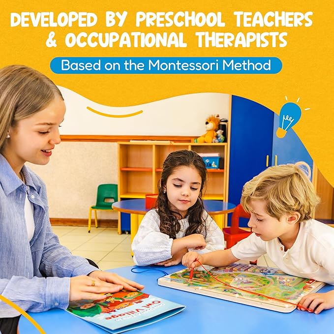 Owl Village Magnetic Montessori Busy Board for Kids Pinball Magnet Color and Counting Maze with Unique Moving Parts, 2 Pens & Activity Book, Heirloom-Quality Magnetic Puzzle for Toddlers 3-5 & Over
