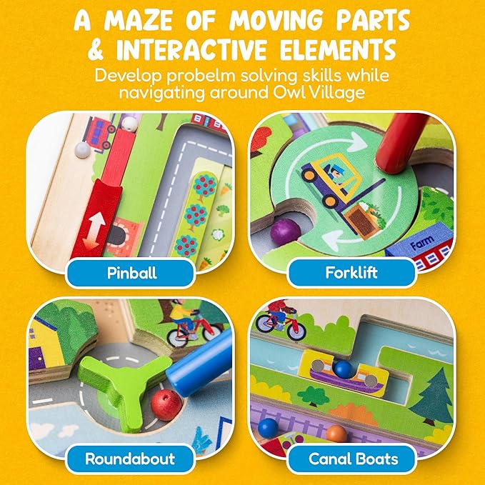 Owl Village Magnetic Montessori Busy Board for Kids Pinball Magnet Color and Counting Maze with Unique Moving Parts, 2 Pens & Activity Book, Heirloom-Quality Magnetic Puzzle for Toddlers 3-5 & Over