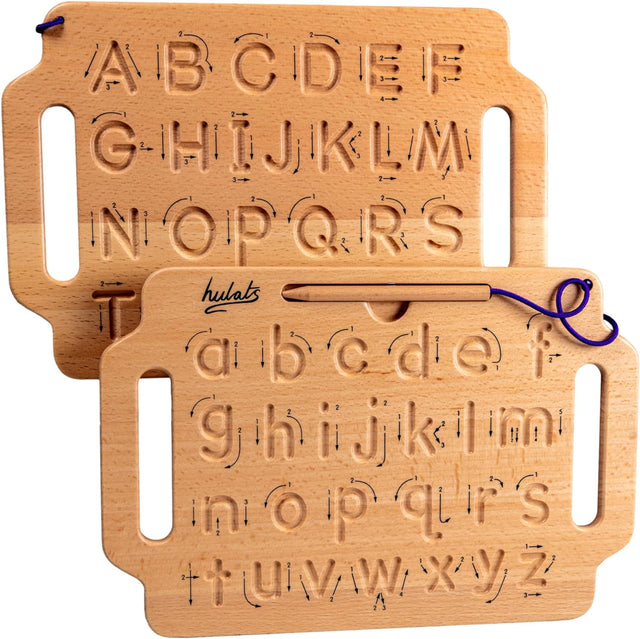 Wooden alphabet tracing board with attached stylus